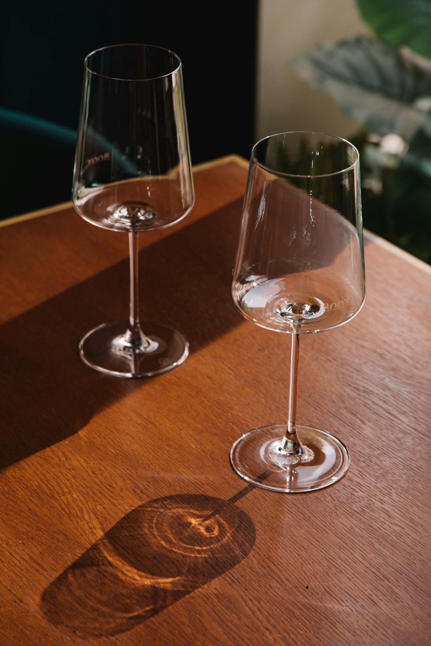 Two wine glasses on a wooden table in the afternoon sun