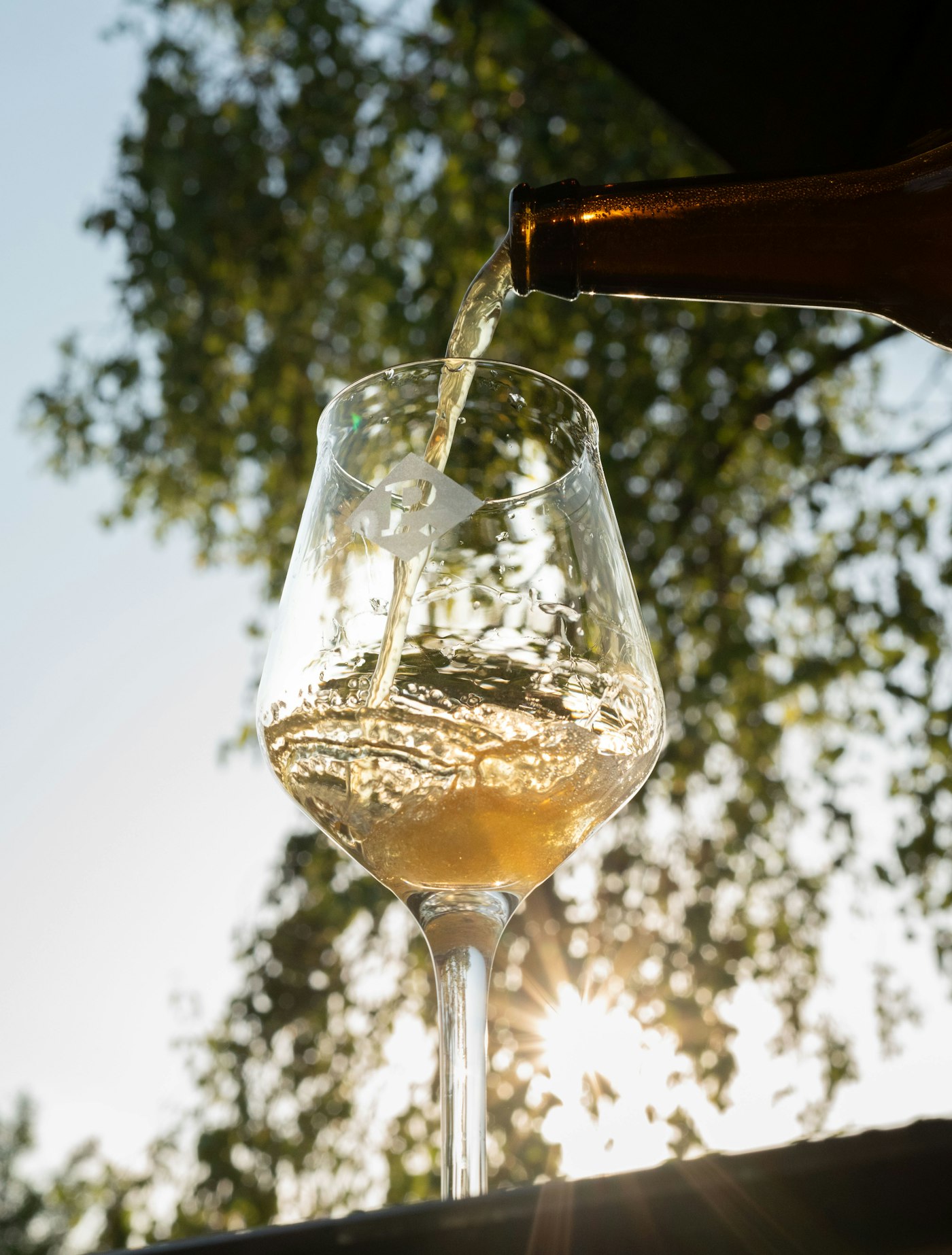 Wine poured into a glass in front of the trees